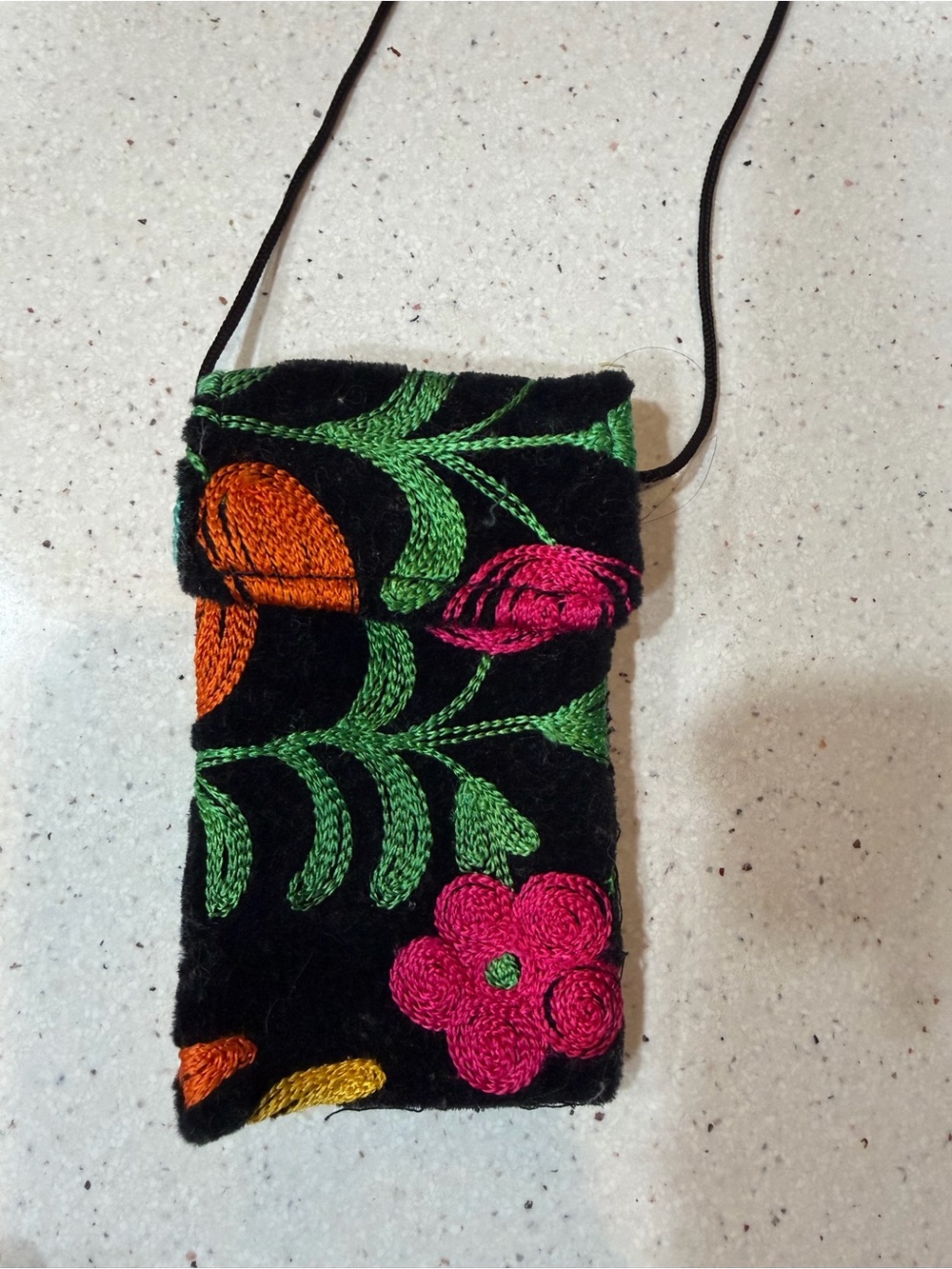 Embroidered Black Floral Phone Pouch - Handcrafted Accessory